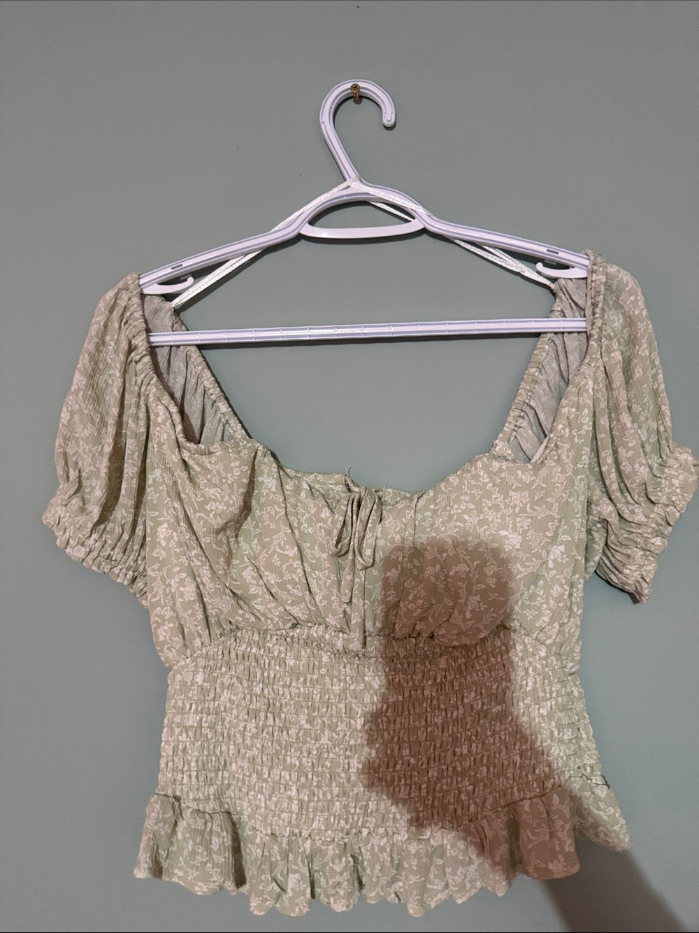 Bluenotes Sage Green Floral Smocked Puff Sleeve Crop Top